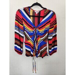Express Womens Blouse S Multicolor Striped V-Neck Tie Front Long Sleeve Retro
